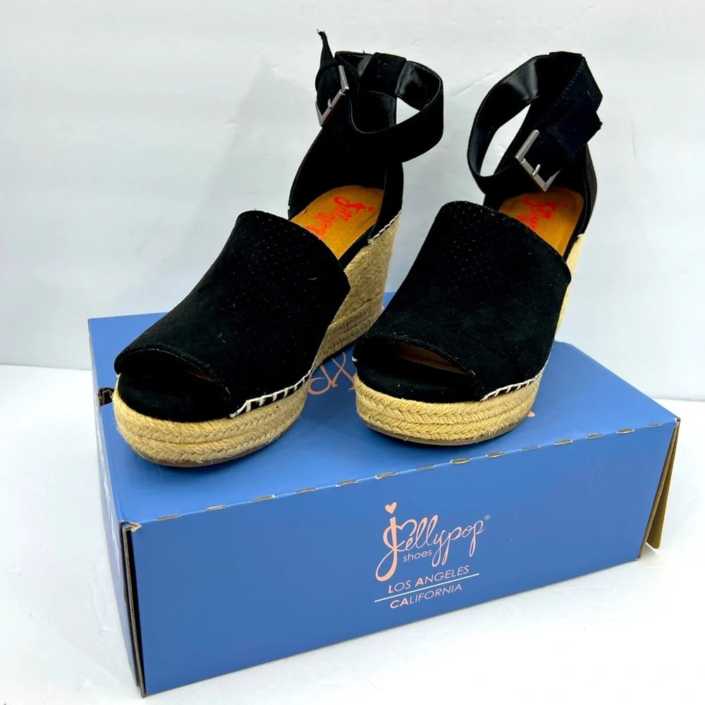 JELLYPOP, RAVISHING BLACK ESPADRILLE, PEEP TOE, WEDGES ADJUSTABLE ANKLE LOOP,10M - Picture 5 of 16